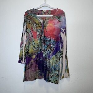 Reba Womens Top Size XL Mixed Media Stretch Long Sleeve Rhinestone Artsy Boho